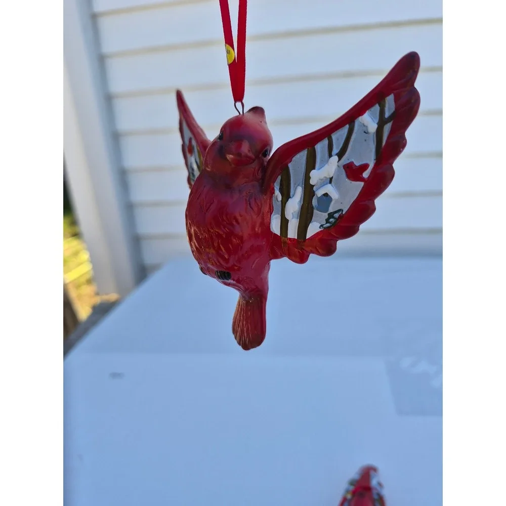Red Cardinal Christmas Ornaments Set of 2 Winter Scene Hand Painted Bird Decor